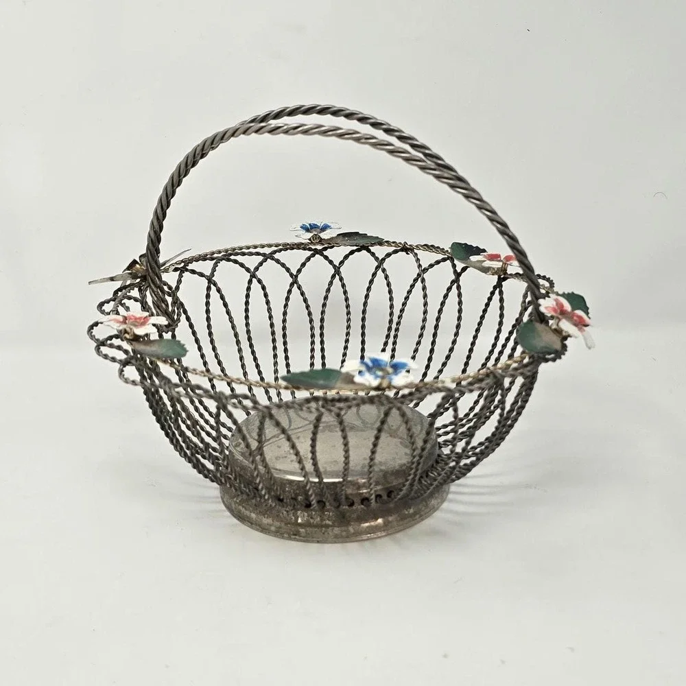 Vtg chrome metal wire fruit‎ bowl basket retro flower kitchen décor rustic